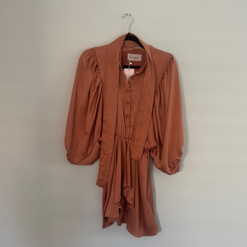 European Style Rust Orange Ruched Bishop Sleeve Sundress with Tie